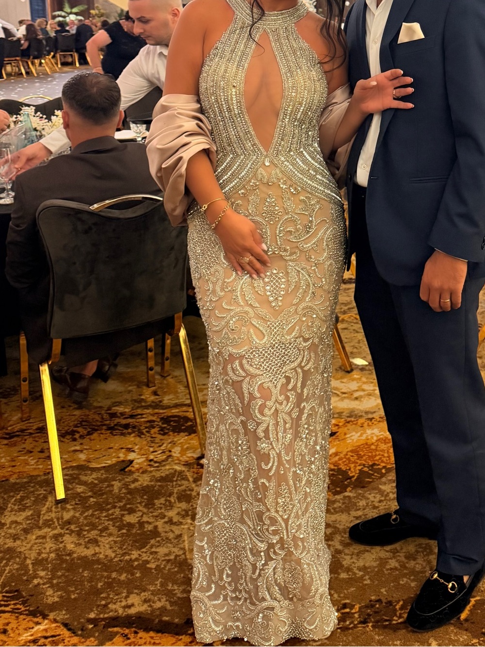 Portia and Scarlett Silver Beaded Plunging Lace Gown